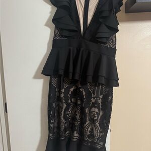 Bebe Black Tan Plunge Neck Ruffled Peplum Midi Dress